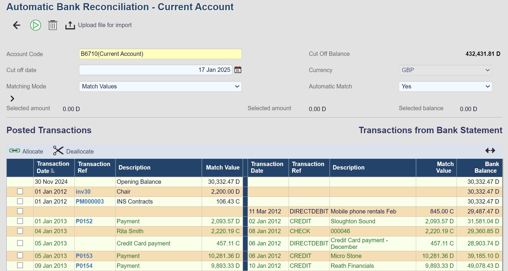 Aqilla Automatic Bank Reconciliation screen showing posted transactions alongside transactions from the bank statement