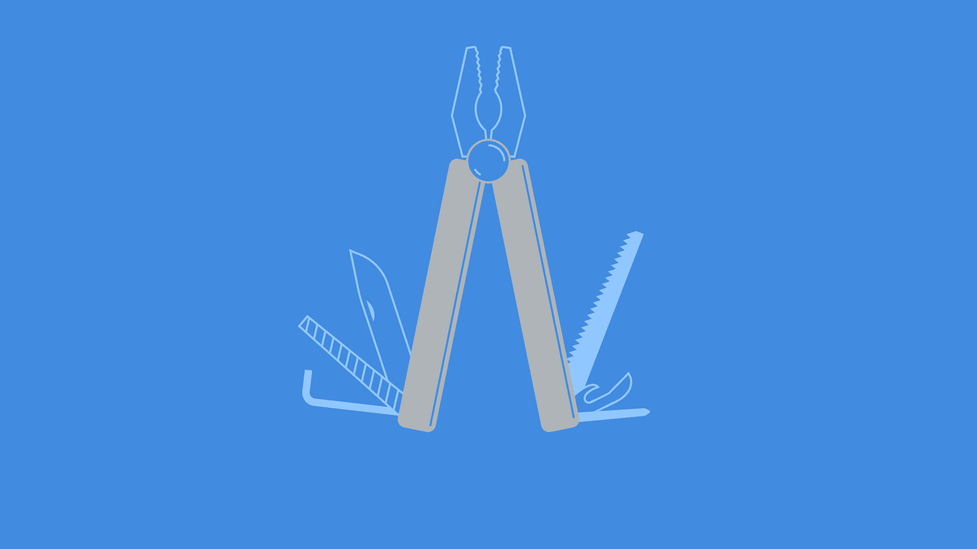 Stylised illustration of multitool with pliers and other tools.