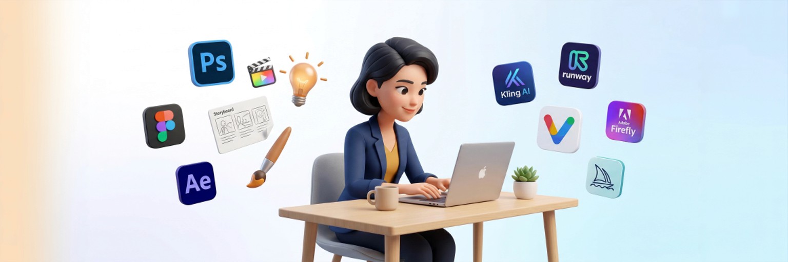 3D illustration of a creative director working on a laptop surrounded by professional design tools and AI generative tools — human-directed AI creative production — Penguincil Design