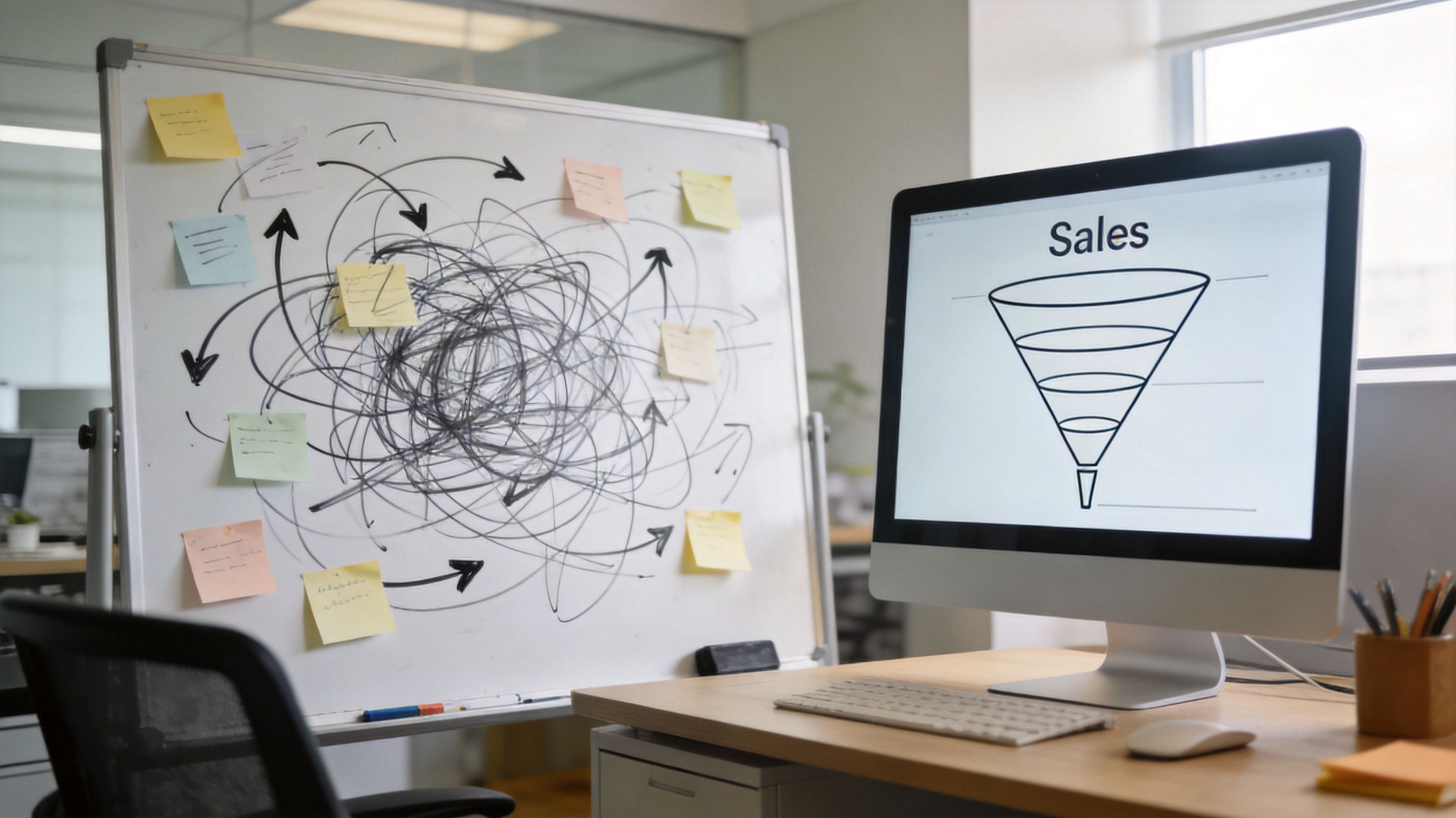 A whiteboard covered in messy scribbles and sticky notes next to a computer displaying a sales funnel.