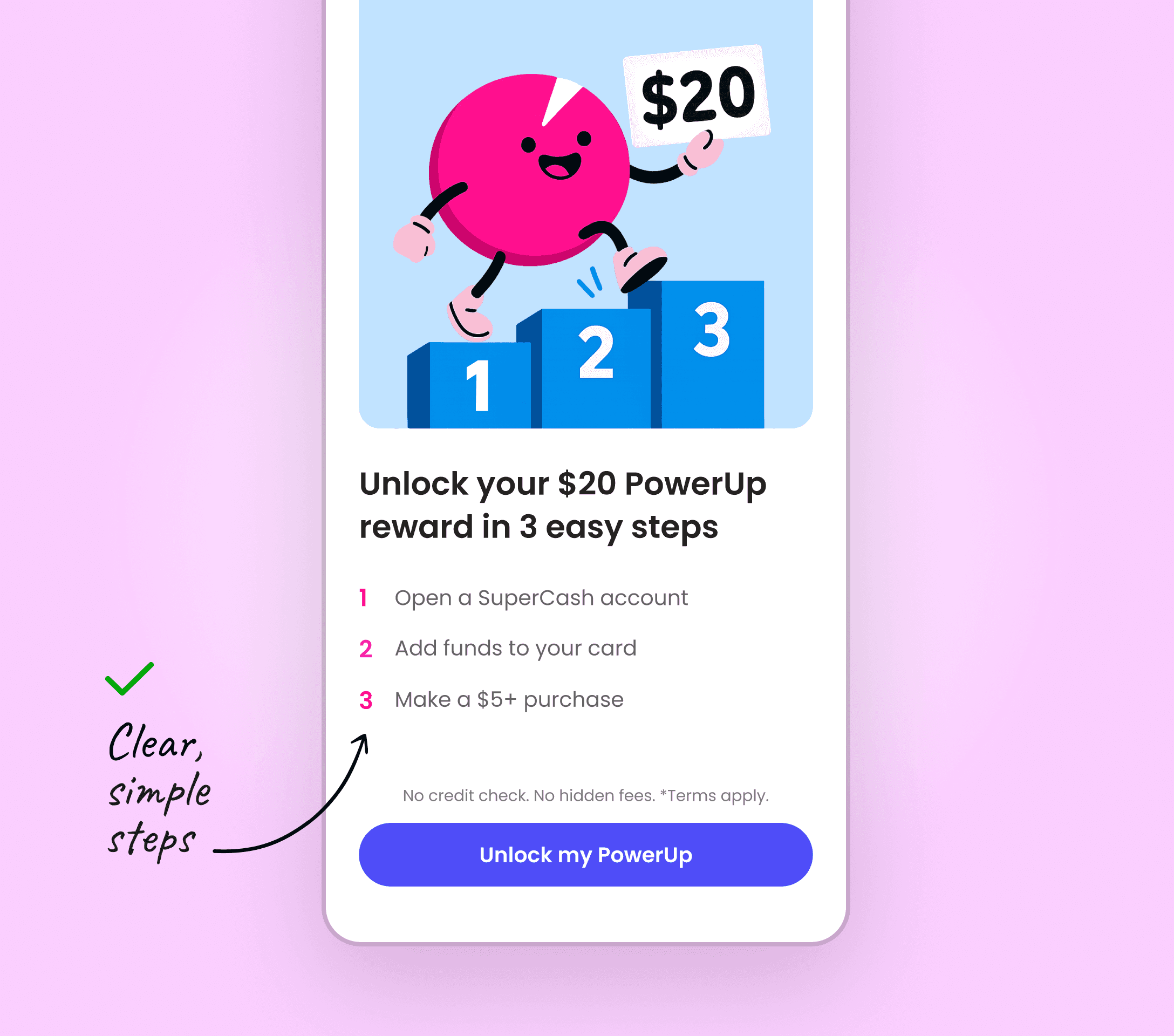 Mobile UI mockup showing Super.com’s PowerUp onboarding screen with a character illustration and 3 simple steps to unlock a $20 reward, used to test user understanding of reward clarity.”