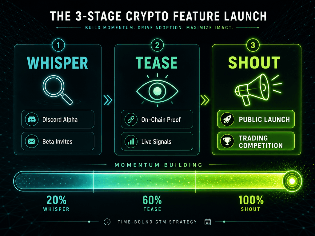 A horizontal progress chart illustrating the Whisper, Tease, and Shout framework for launching new crypto trading platform features and competitions.