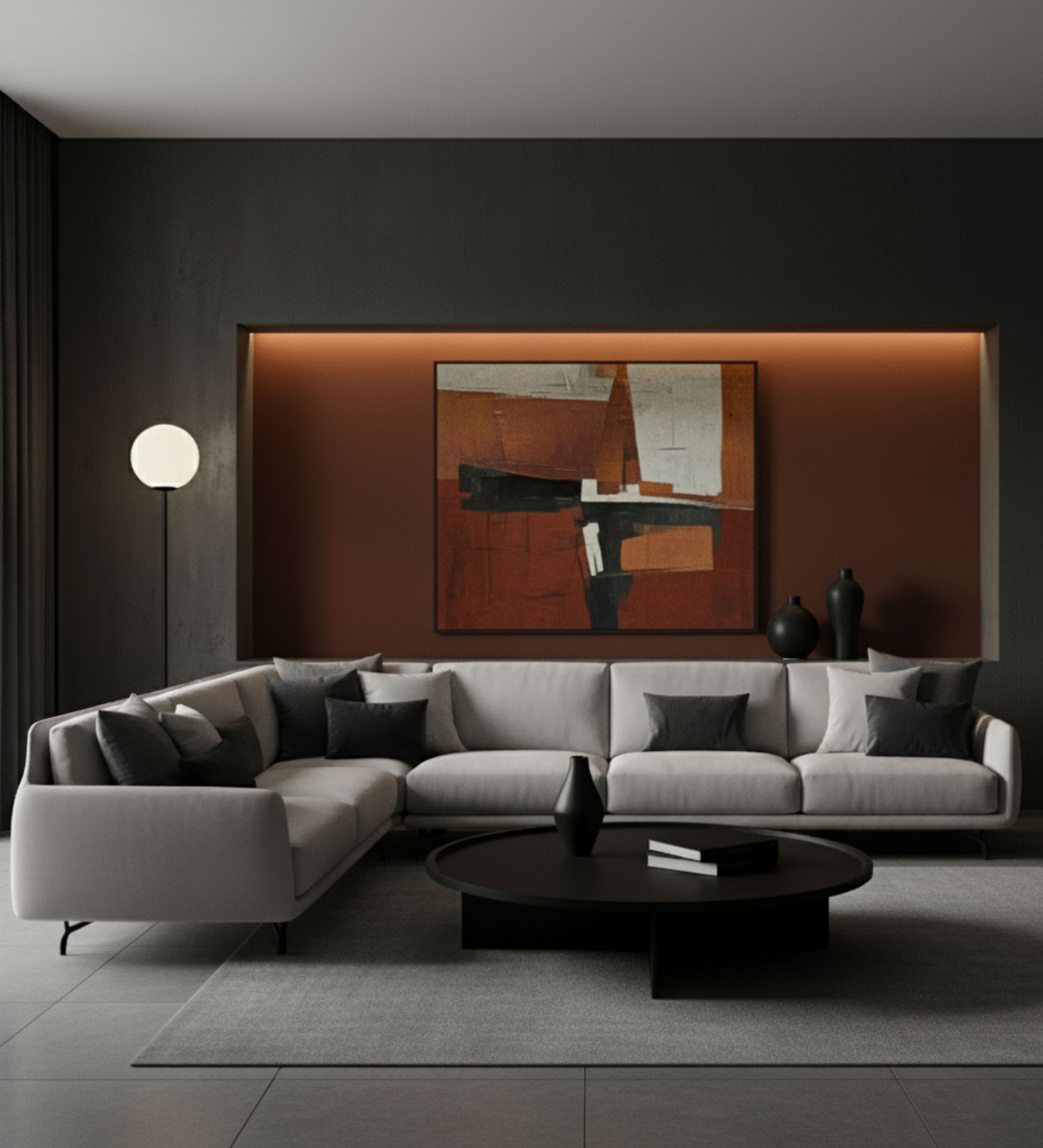 Luxury low‑profile sectional sofa styled against a dramatic modern backdrop