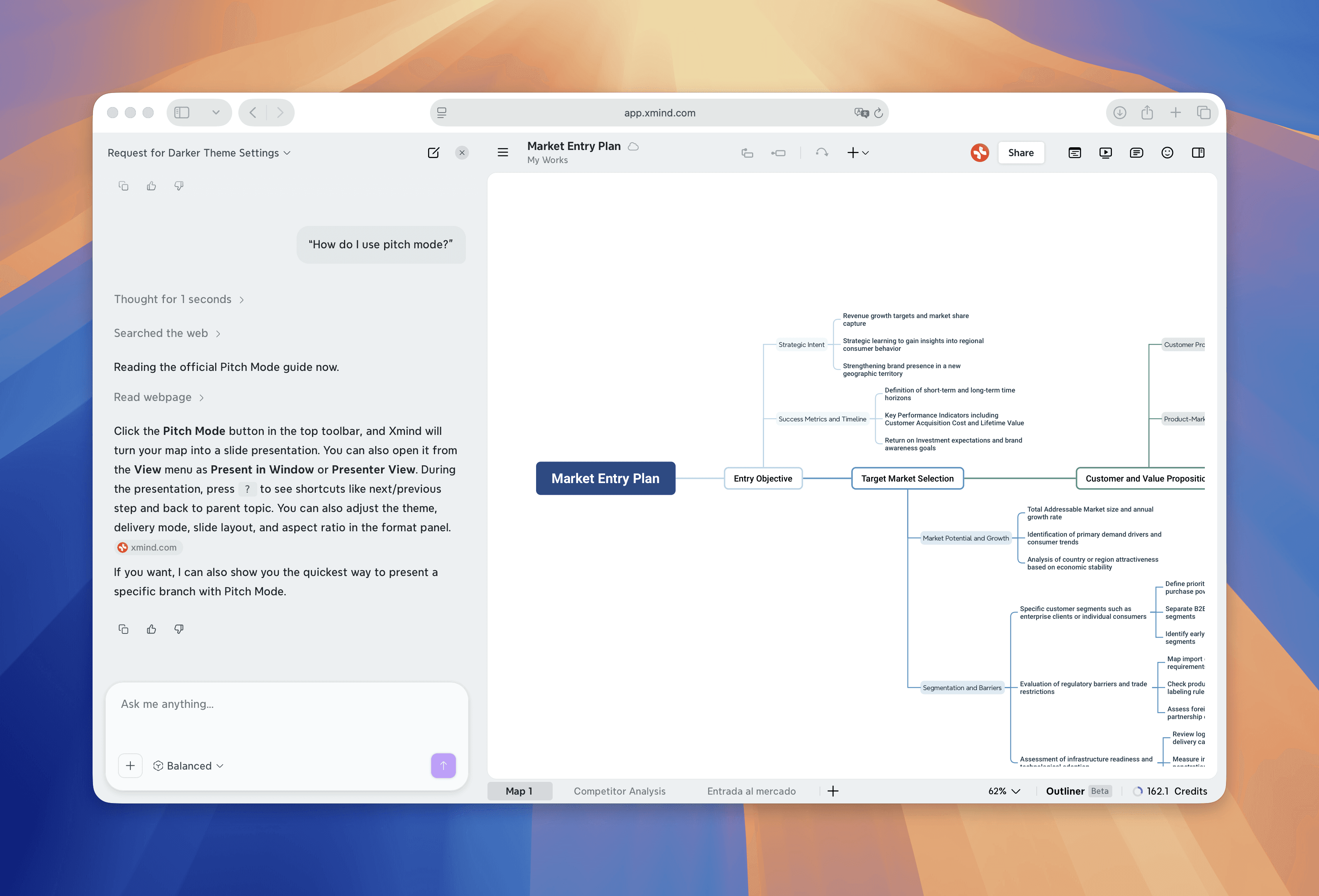 Xmind AI answers a product-related question by referencing the official Xmind user guide.