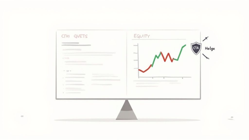 Illustration of a computer screen showing financial data, an equity graph, and a CTA shield.