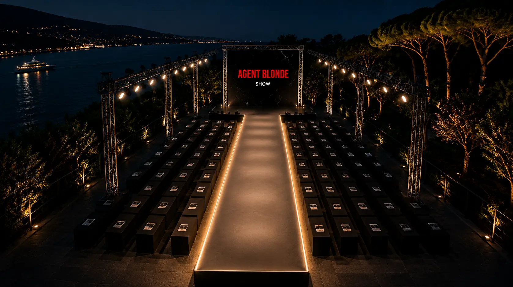 Vue aérienne nocturne du défilé AGENT BLONDE SHOW, capturée par drone avec une scène événementielle cinématique face au front de mer.