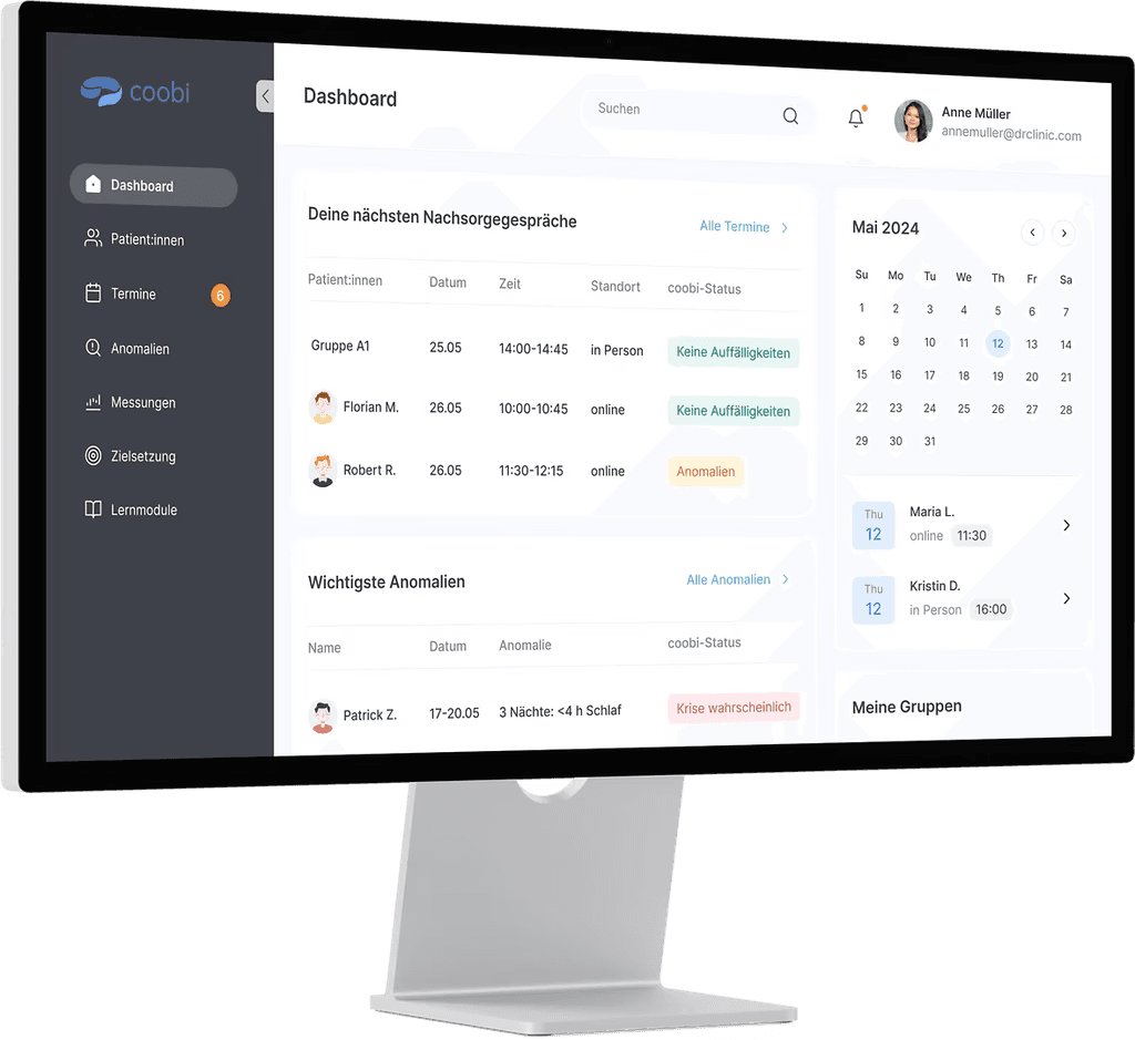 A sleek laptop displays a healthcare management dashboard with a patient list, showing names, groups, contact information, and status updates, set against a minimalist user interface