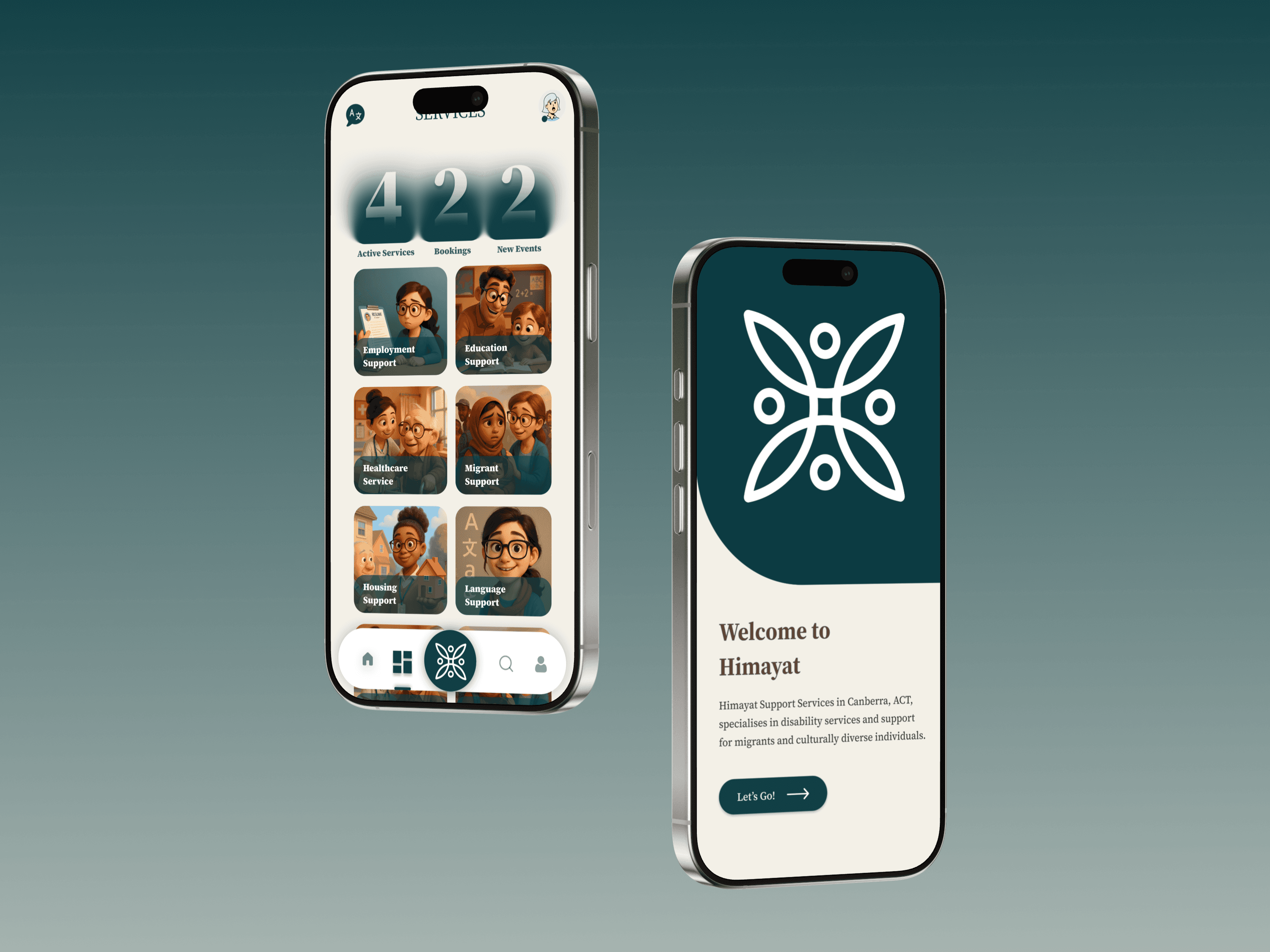 Two smartphones displaying a mobile app with user interface showing app features and services for support.
