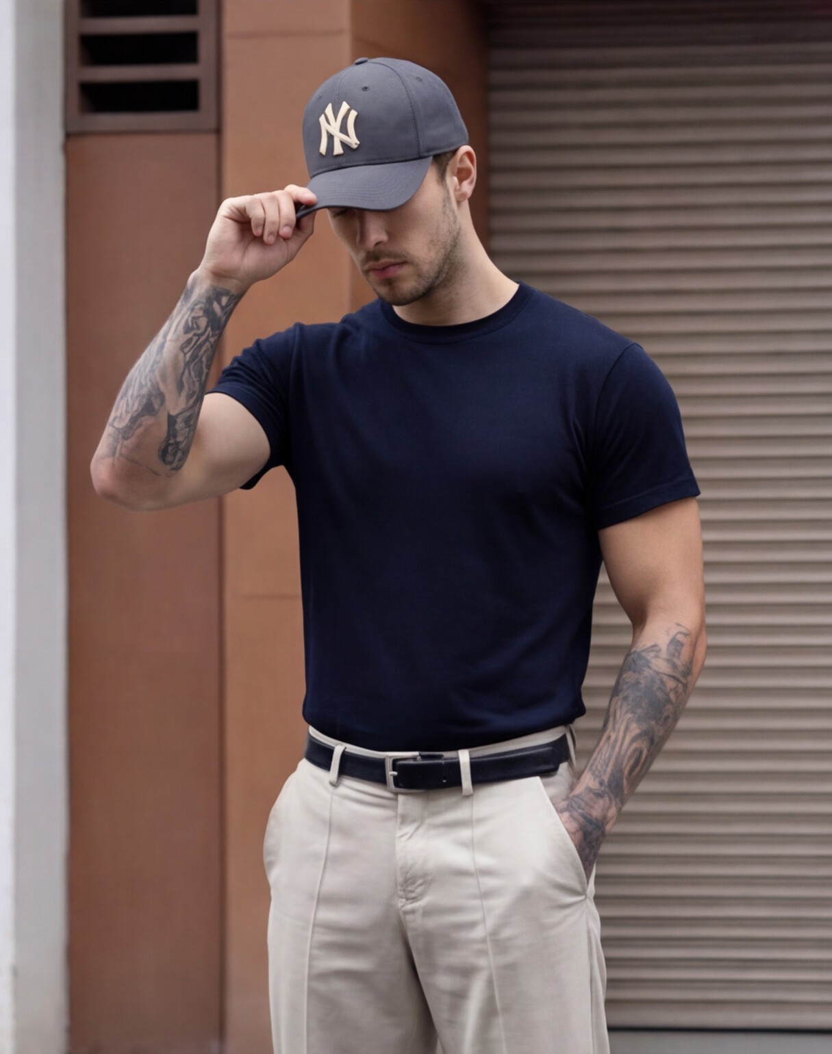 Navy Tee with Tailored Beige Trousers