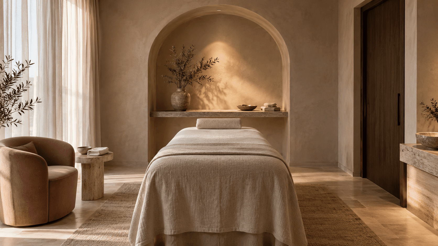 A quiet treatment room with warm linen and a curved stone alcove.