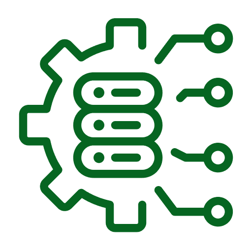Server stack inside a gear with circuit connections representing IT services and system infrastructure.