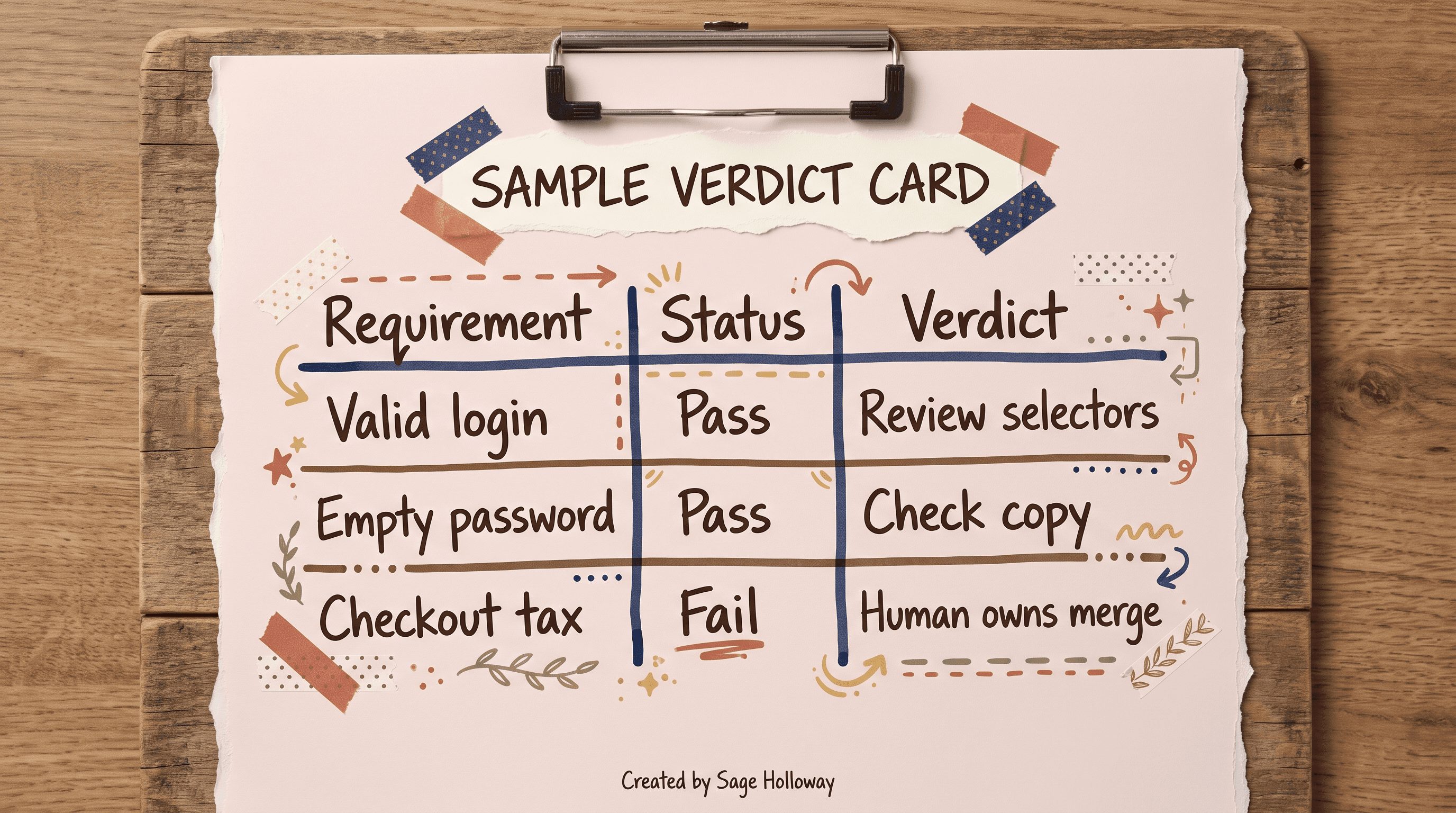 Sample QA verification report table with requirement, status, and verdict columns for Claude Code CI review