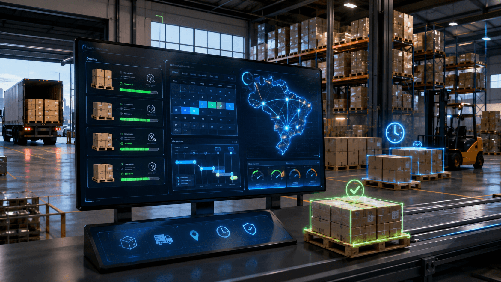 Imagem 3D realista de um armazém moderno com pallets, caixas e caminhão de carga, exibindo uma interface digital de plataforma B2B com mapa logístico, prazos, status de pedidos e indicadores de retirada parcial e SLA por região.