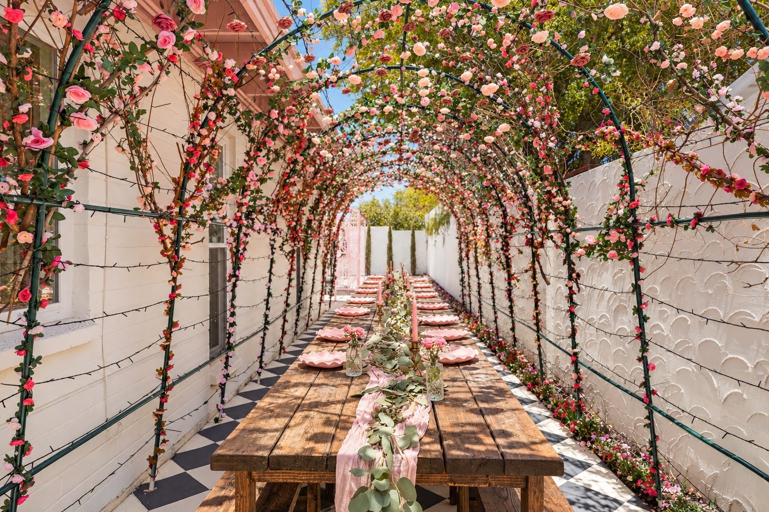 The rose-covered arch and long table in full daylight.