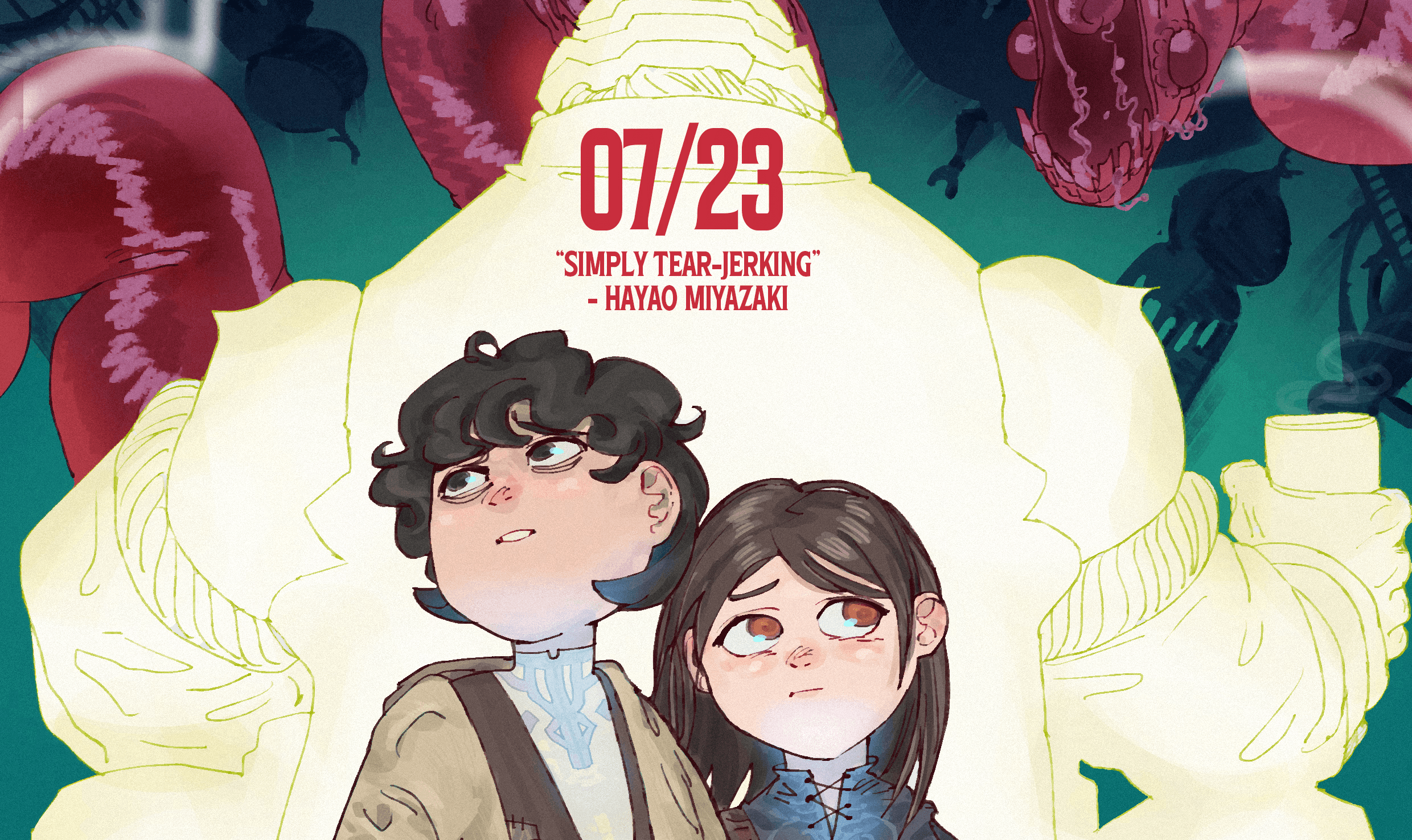 two young illustrated fantasy characters in tunics and arabic clothing, holding a glowing sacred chest and vibrant blue stone, against a bright yellow silluette of a large character sitting down holding a clay cup of team with 3 red tentacle beasts gashing their teeth at the sillouette