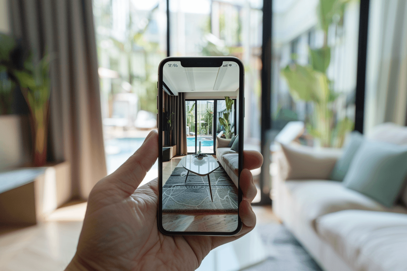 Person holding a smartphone with a property page open while standing in a bright living room