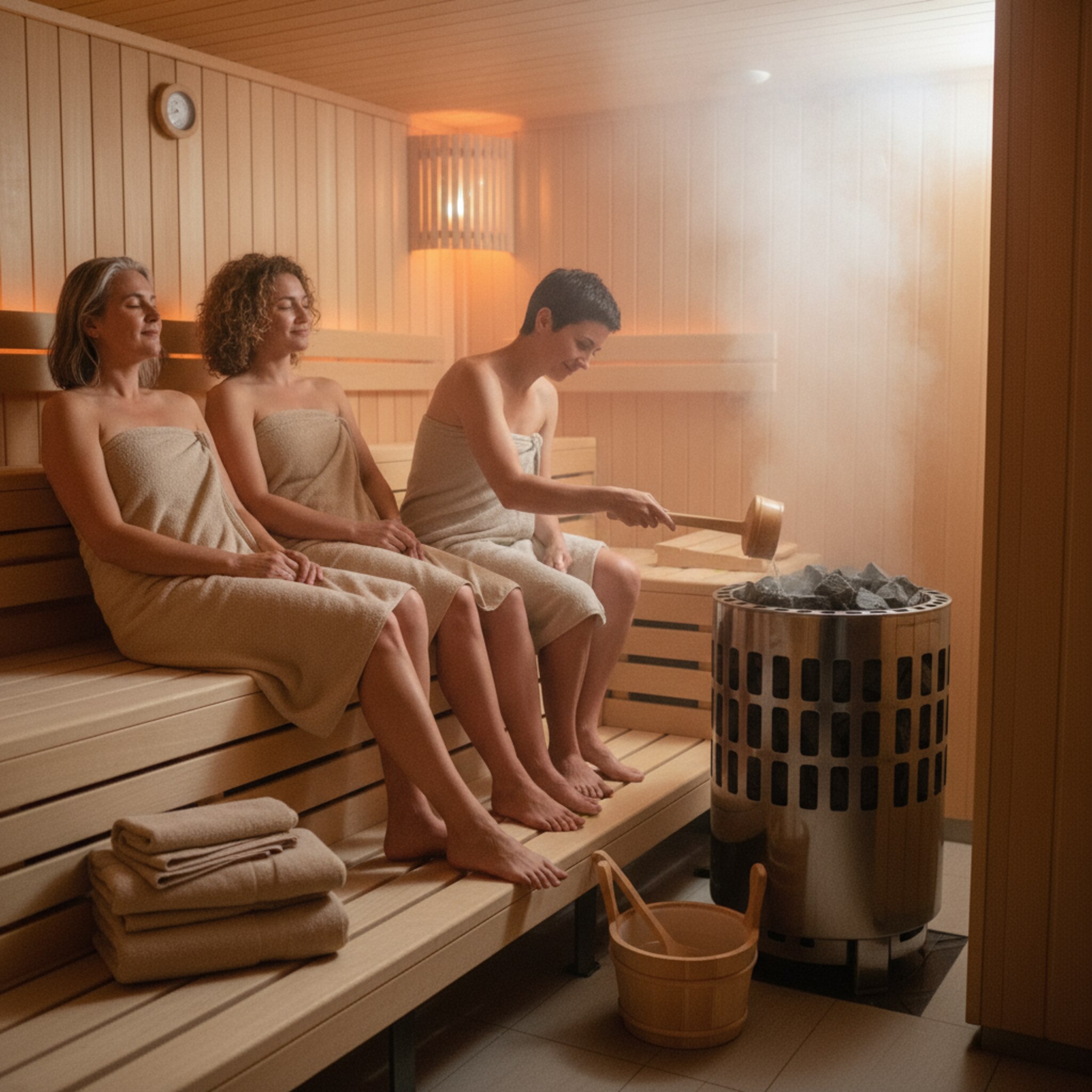 In einer warmen Sauna sitzen Gäste entspannt auf hölzernen Bänken. Jemand gießt Wasser über glühende Steine, der aufsteigende Dampf füllt den Raum. Ein Eimer und eine Kelle stehen bereit, Handtücher sorgfältig gefaltet. Gedämpftes Licht, ruhige Atmung, ein sanftes Knistern im Ofen.