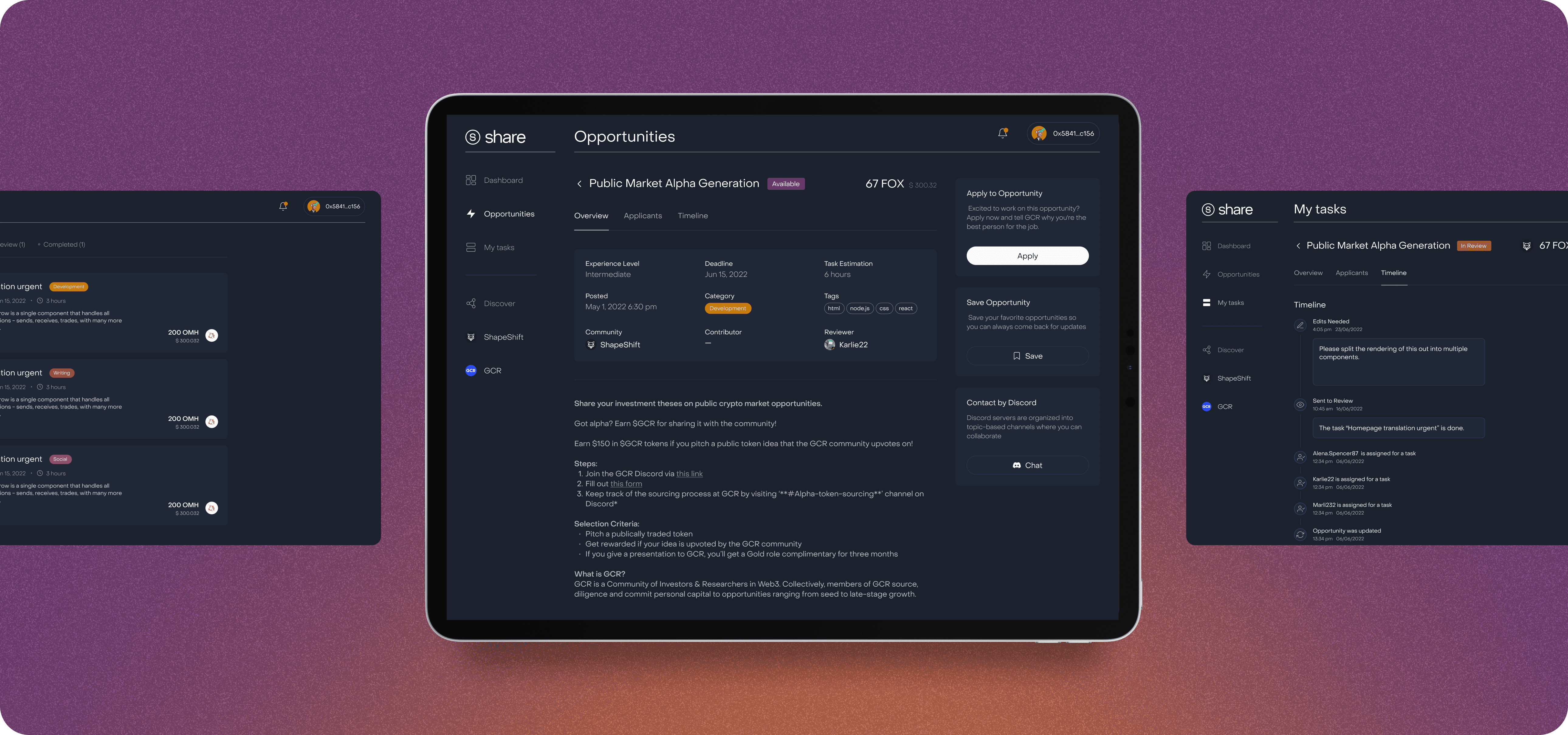 Three screens displaying a dark-themed code editor interface with various code snippets and project details.