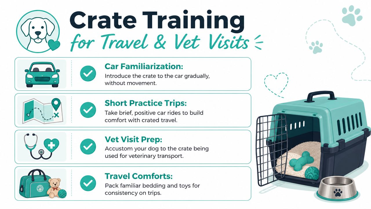 An infographic illustrating tips for crate training a dog for travel and veterinary visits.
