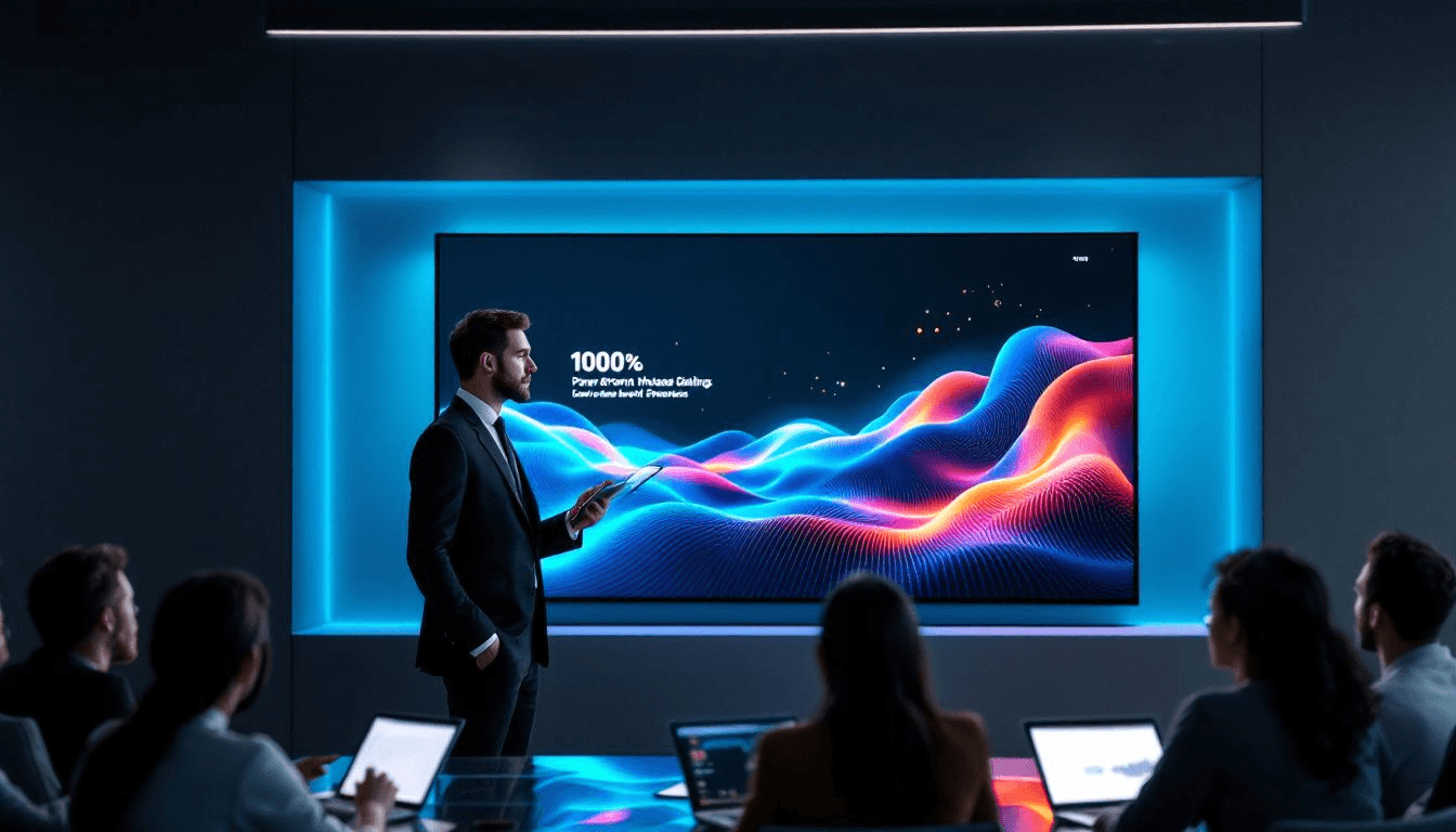 A business professional delivering a PowerPoint presentation to an audience.