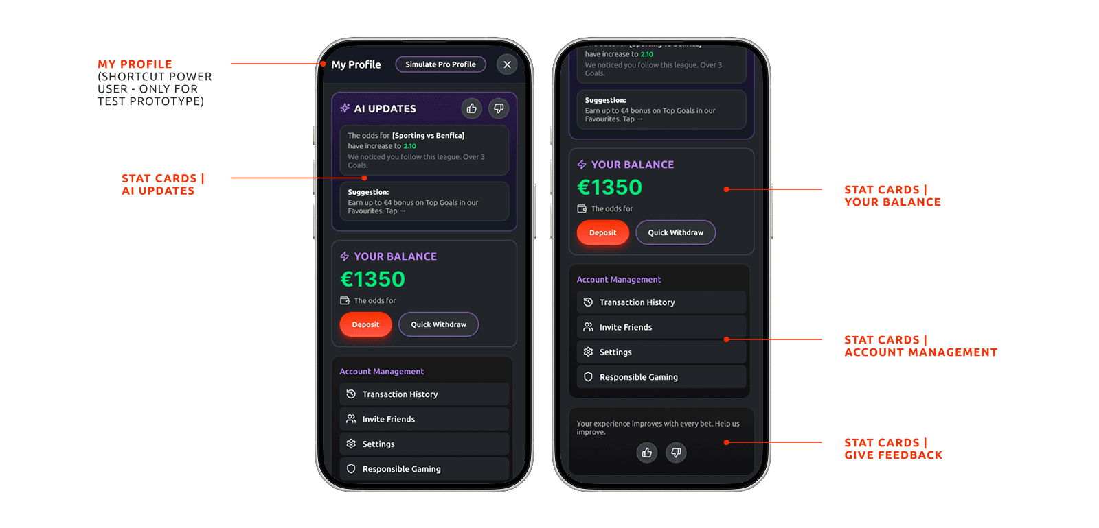 Smart Drawer overlay showing AI Updates, balance of €1,350, account management options and user feedback controls — centralising all account actions in a single thumb-friendly hub.