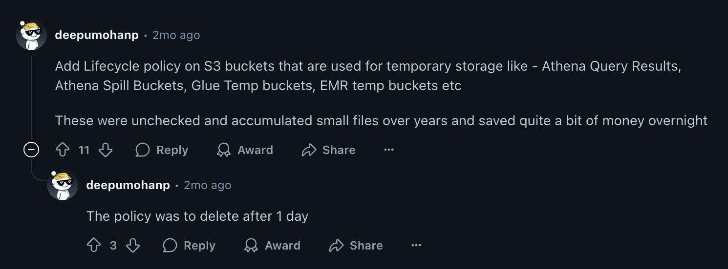 Screenshot of a Reddit exchange  explains adding a one-day delete policy on temporary Athena and EMR buckets, instantly lowering S3 spend.
