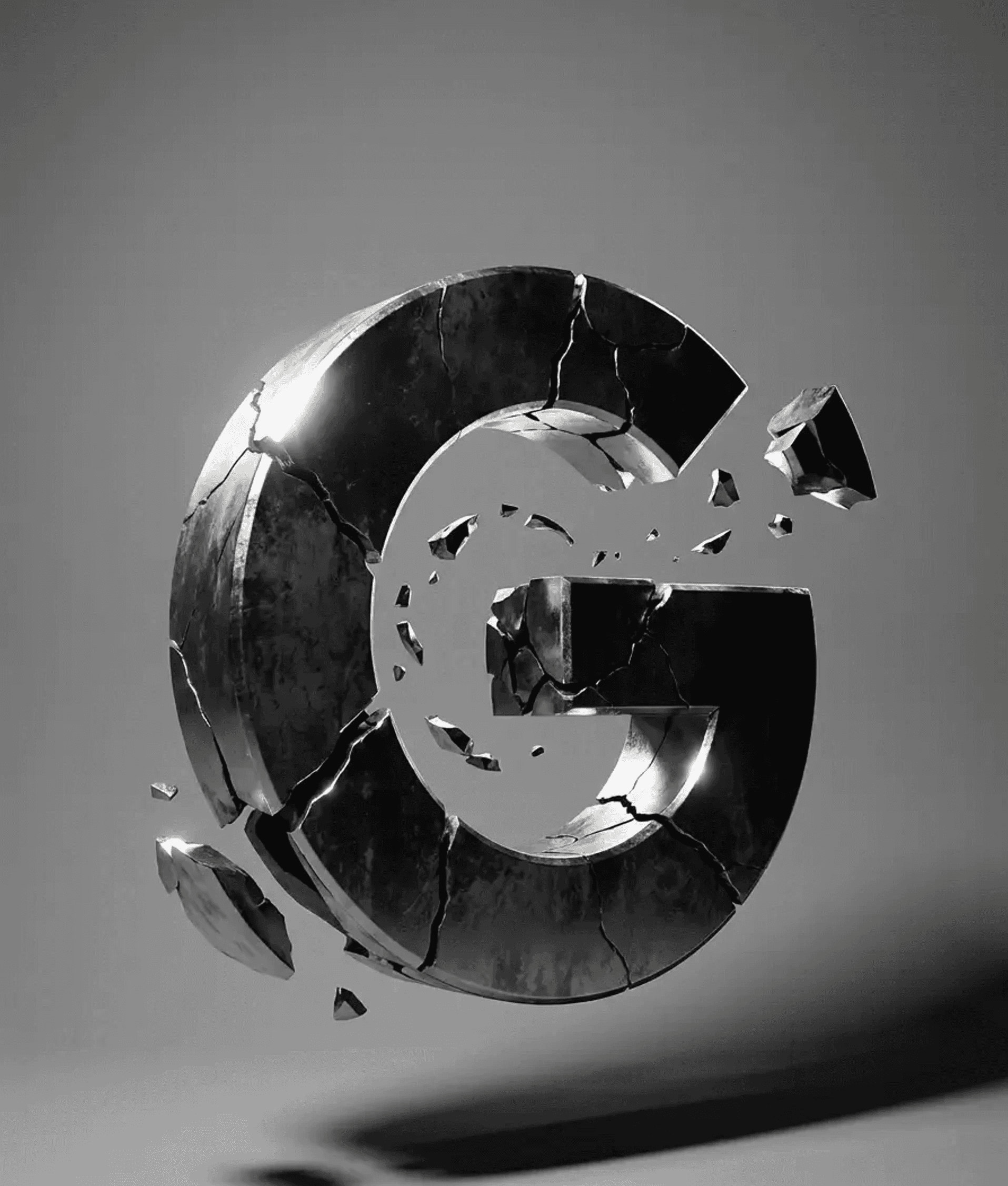 Monochrome cracked Google G with fragments floating back into place, illustrating Google core update recovery