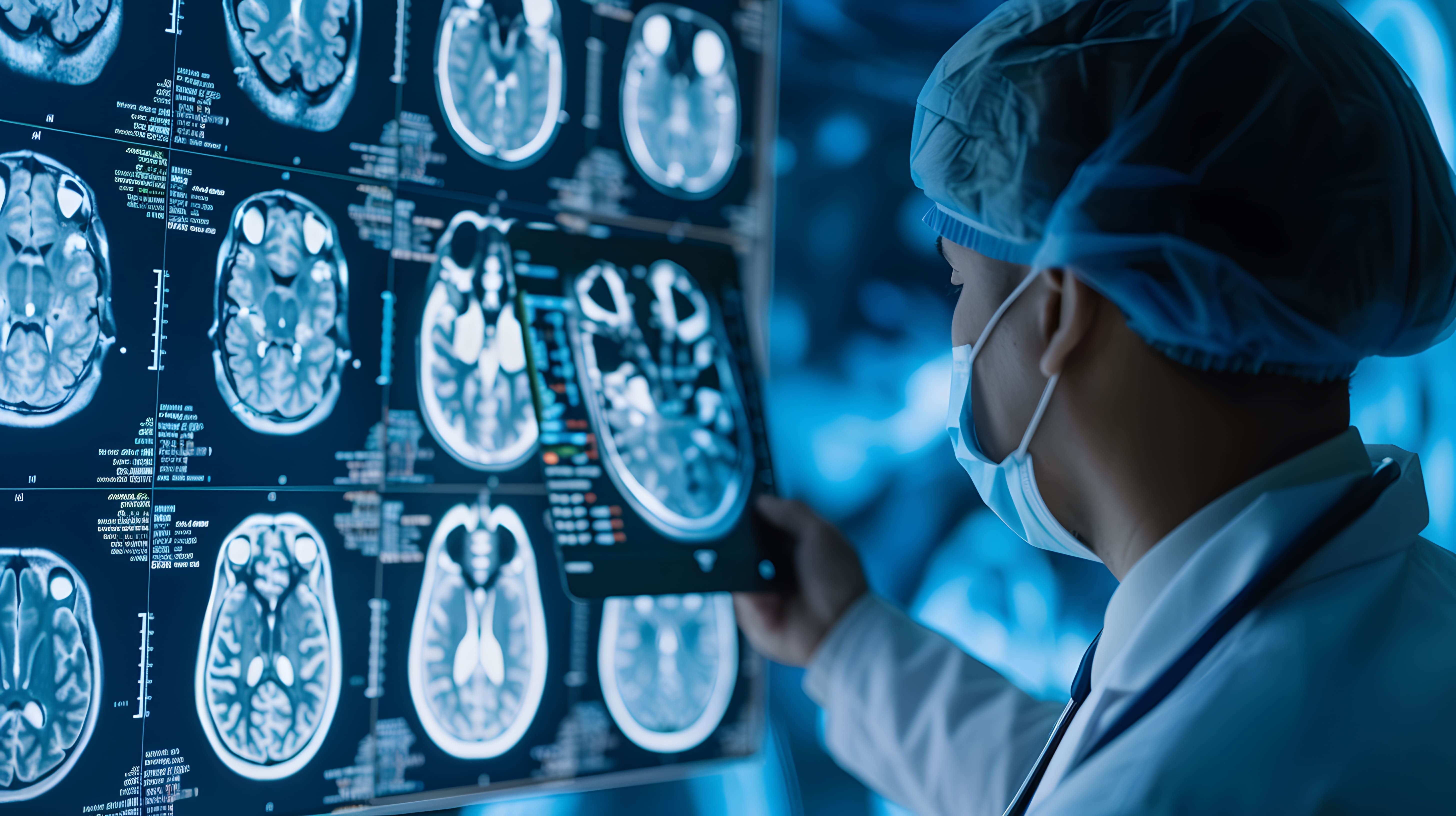 A doctor wearing a surgical cap and mask examines brain scans displayed on a large screen, highlighting advanced medical imaging technology in a clinical setting.