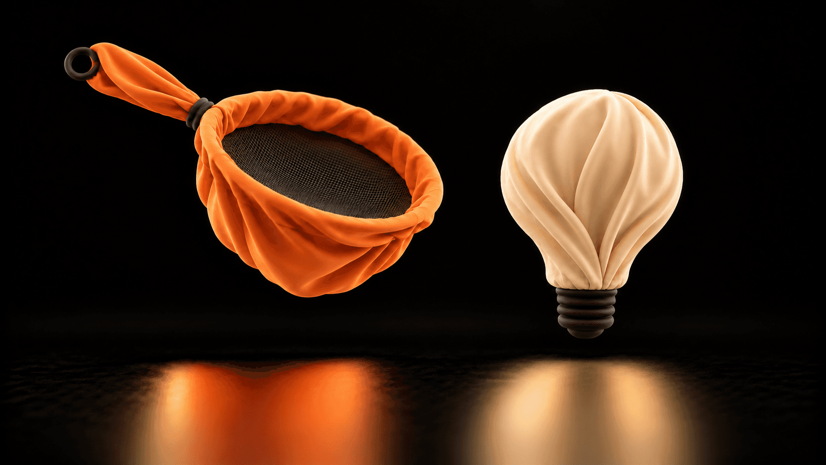 An apricot cloth sieve and a separate cream lightbulb, representing filtering evidence before forming an interpretation.