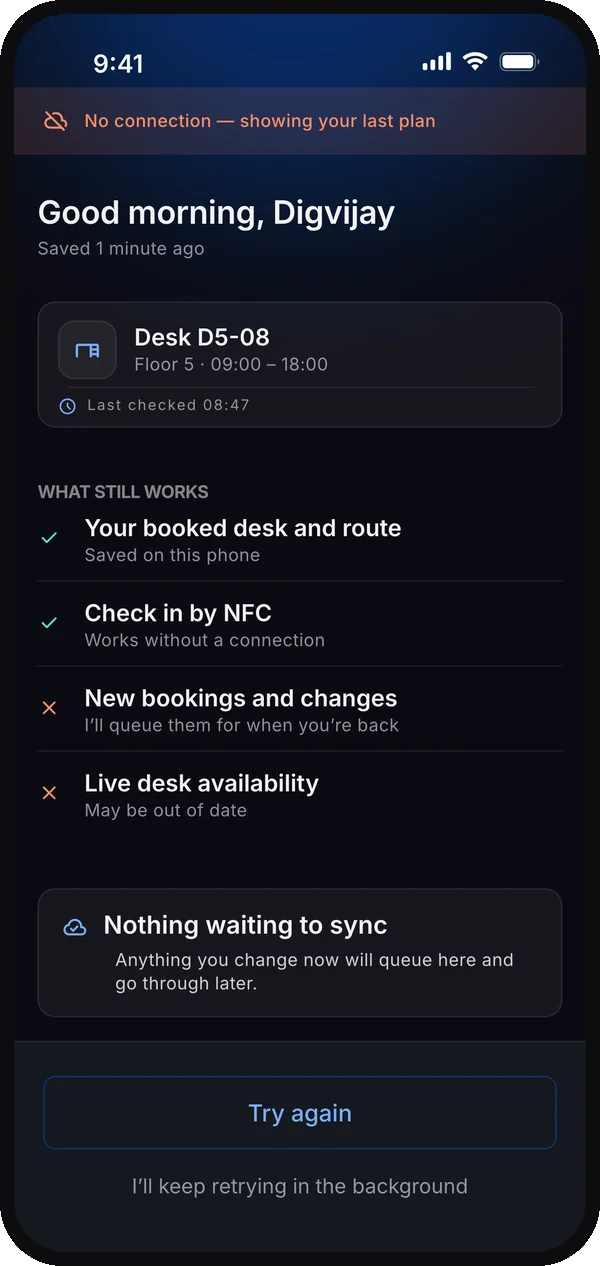Offline home: the saved plan, what still works and what is waiting to sync
