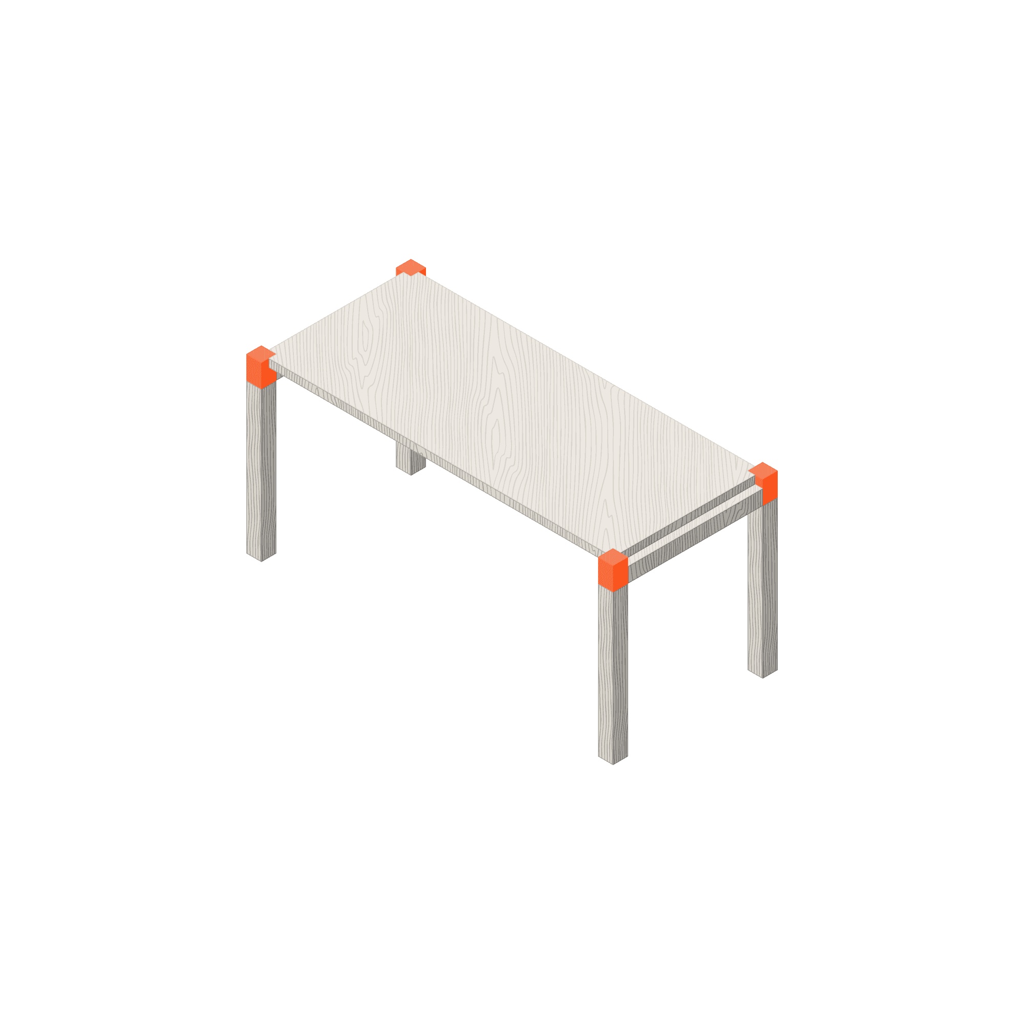 Isometric illustration of a modular timber assembly, showing a simple structure with a wooden top supported by four columns, each connected with orange joint elements, representing a prefabricated module in TMBR’s building system.