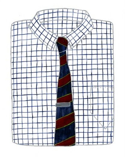 A drawing of a checkered white shirt with blue and red tie.