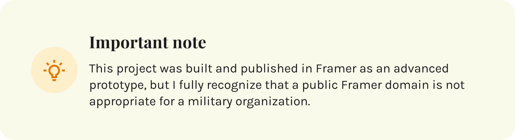 Highlighted note explaining that the project is a Framer-based design prototype and should not be deployed on a public domain in real-world military contexts.