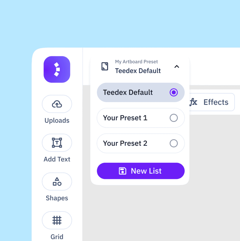 Teedex canvas preset selector in the Design tab