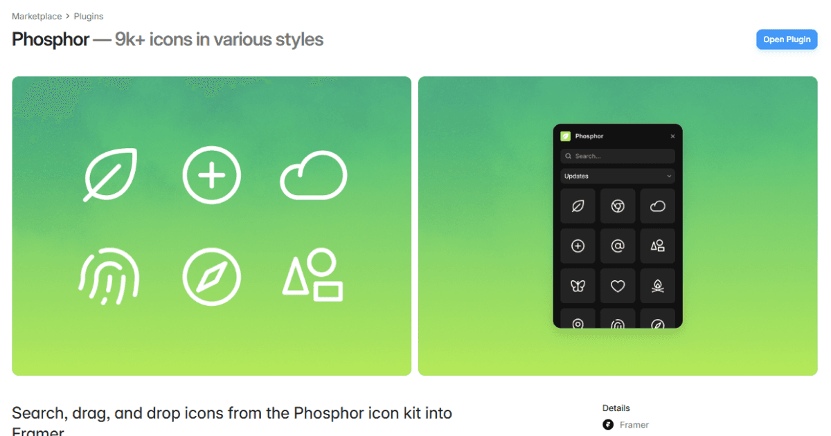 Plugin Phosphor pour ajouter des icônes vectorielles dans un site Framer