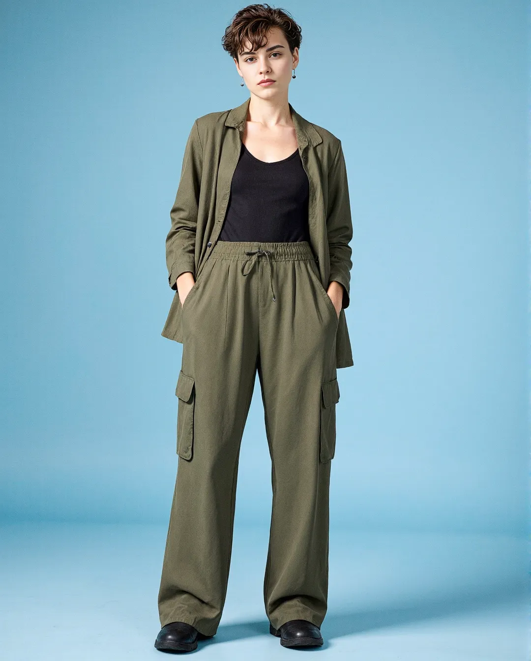 Fashion portrait featuring olive green coordinating outfit with oversized blazer and cargo-style pants against blue backdrop