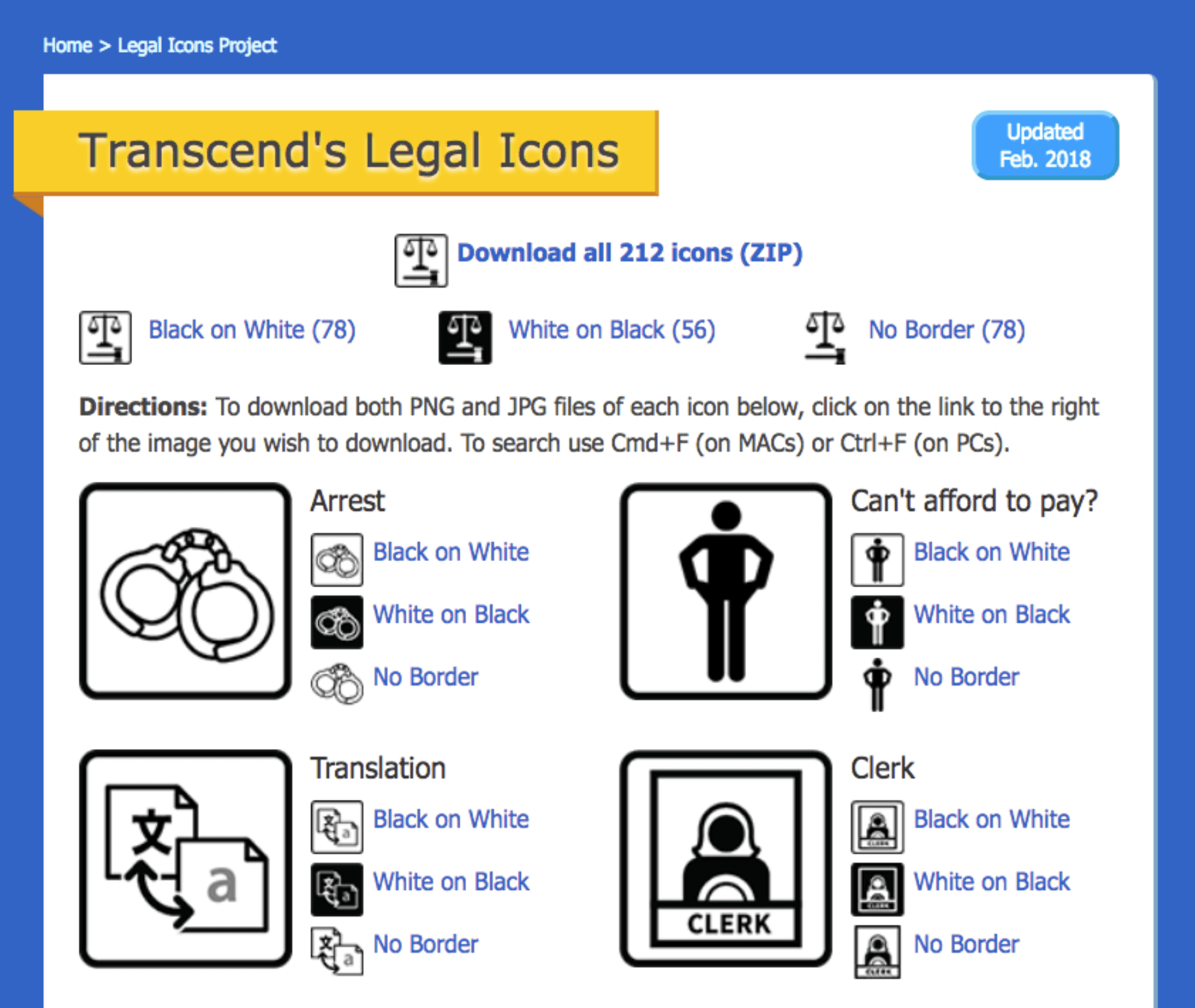 Initial Transcend's Legal Icons homepage. Shows options to download all 212 icons, or 78 black on white, 56 White on black or 78 No border. The arrest, can't afford to pay, Translation, and Clerk icons are also visible for individual download