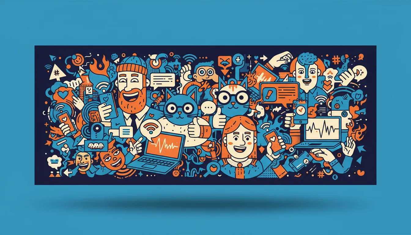 Vibrant and chaotic mural-style vector illustration depicting the energy of digital communication and social media. A dense, maximalist collage of stylized cartoon characters with exaggerated expressions, including a hipster with a red beard and a cool cat with glasses. The scene is filled with overlapping elements like speech bubbles with abstracted text, laptops, and smartphones. The artwork uses a flat, graphic style with bold outlines and a high-contrast color palette of electric blue, fiery orange, sunny yellow, and teal against a dark navy blue background. Pop art influence, panoramic composition, presented as a panel floating over a solid blue backdrop with a soft drop shadow.