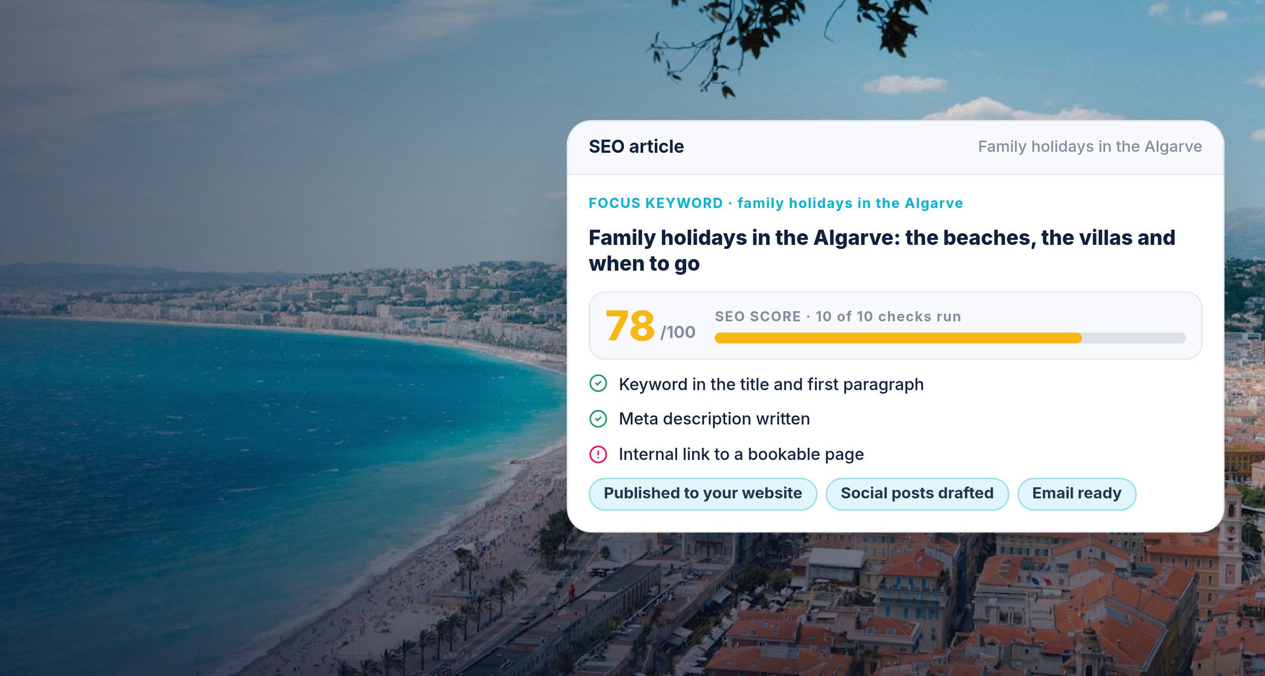 An SEO article score over a Mediterranean coast