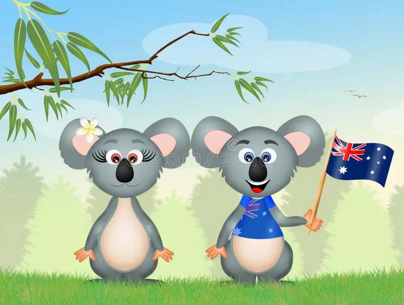 Two animated koalas stand on a grassy field under a branch, one holding an Australian flag, set against a clear blue sky.
