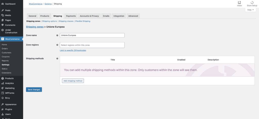 nombre de las zonas de envio en woocommerce,