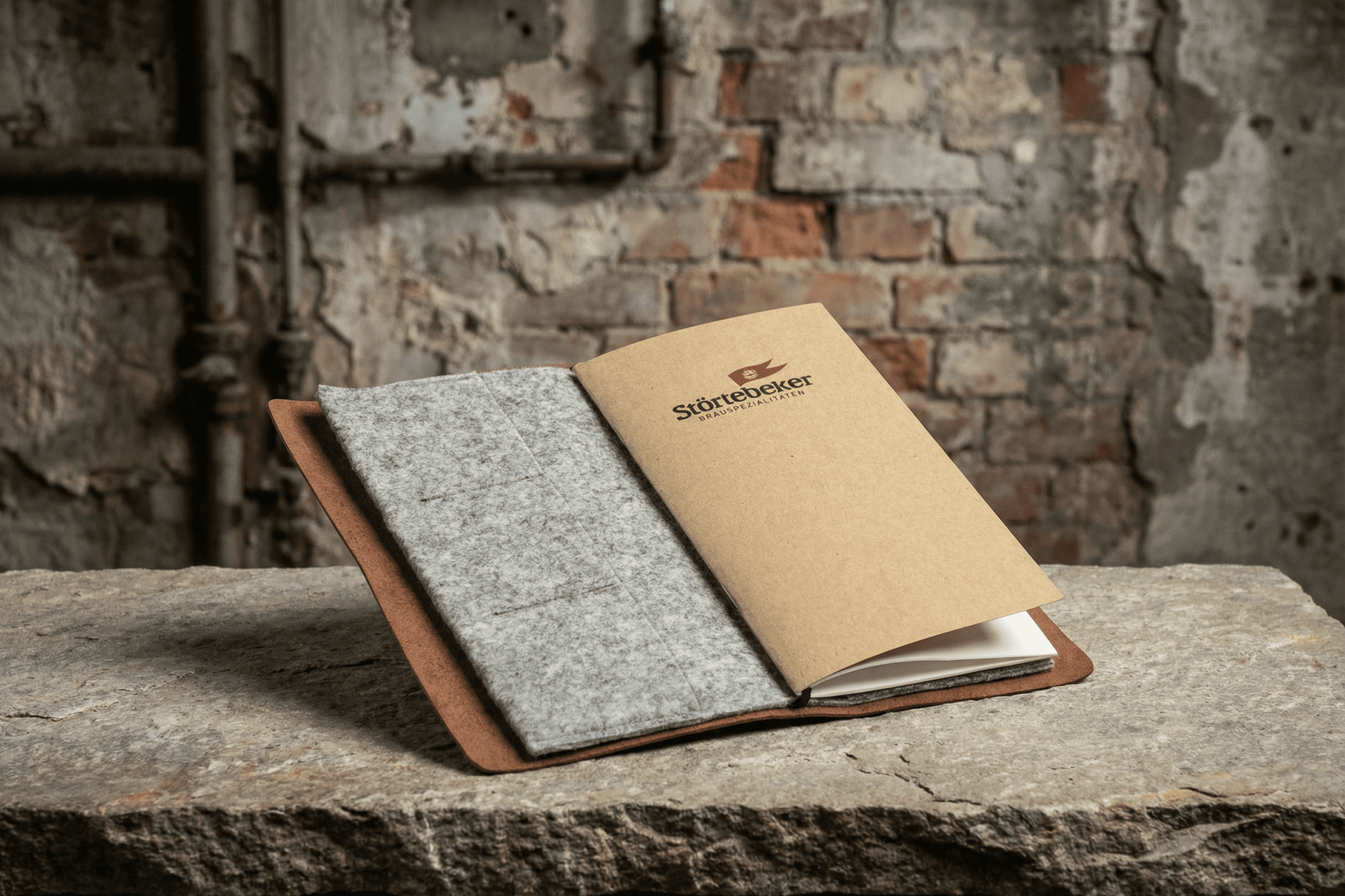 Open notebook with Störtebeker logo on rough stone.