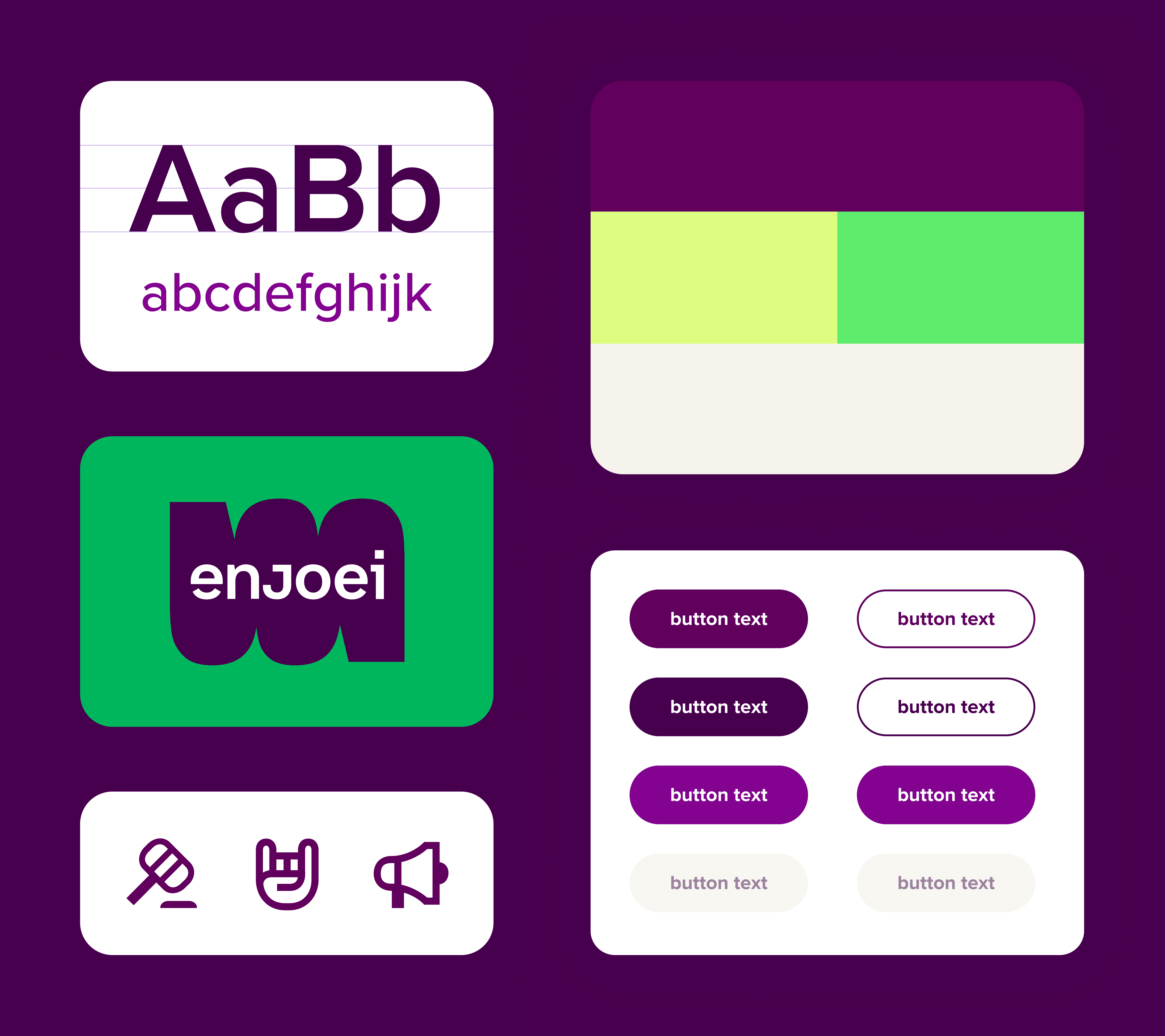 Design system overview with typography samples, logo, button components, brand colors, and custom icons for the Enjoei brand on a dark purple background.