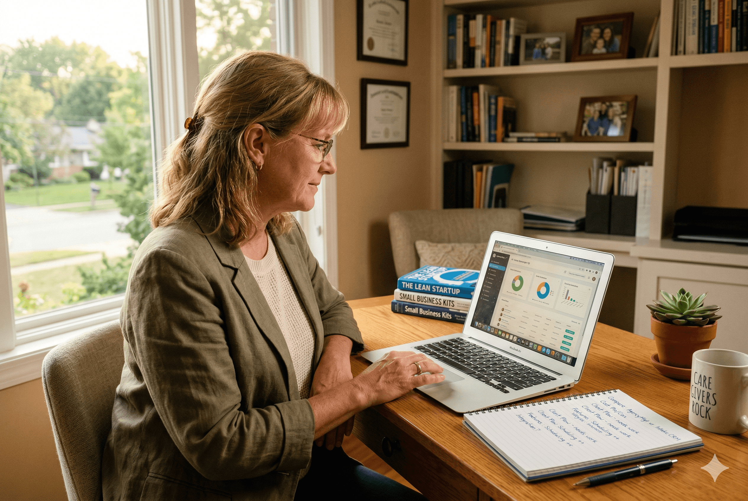 A realistic photo of a home care agency owner sitting at a clean desk, reviewing software on a laptop screen. A notebook with handwritten comparison notes sits beside the laptop. Warm natural light from a nearby window. The setting feels like a small professional home office. Shot on Fujifilm X-T4, aspect ratio 3:2.