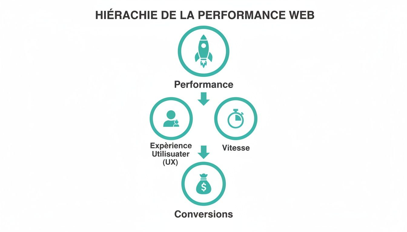 Diagramme illustrant la hiérarchie de la performance web, de la performance aux conversions via l'expérience utilisateur et la vitesse.