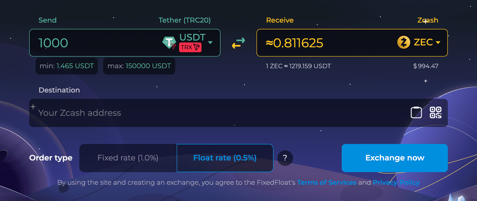 FixedFloat: 1,000 USDT TRC-20 to about 0.811625 ZEC at a float rate with a 0.5 percent fee
