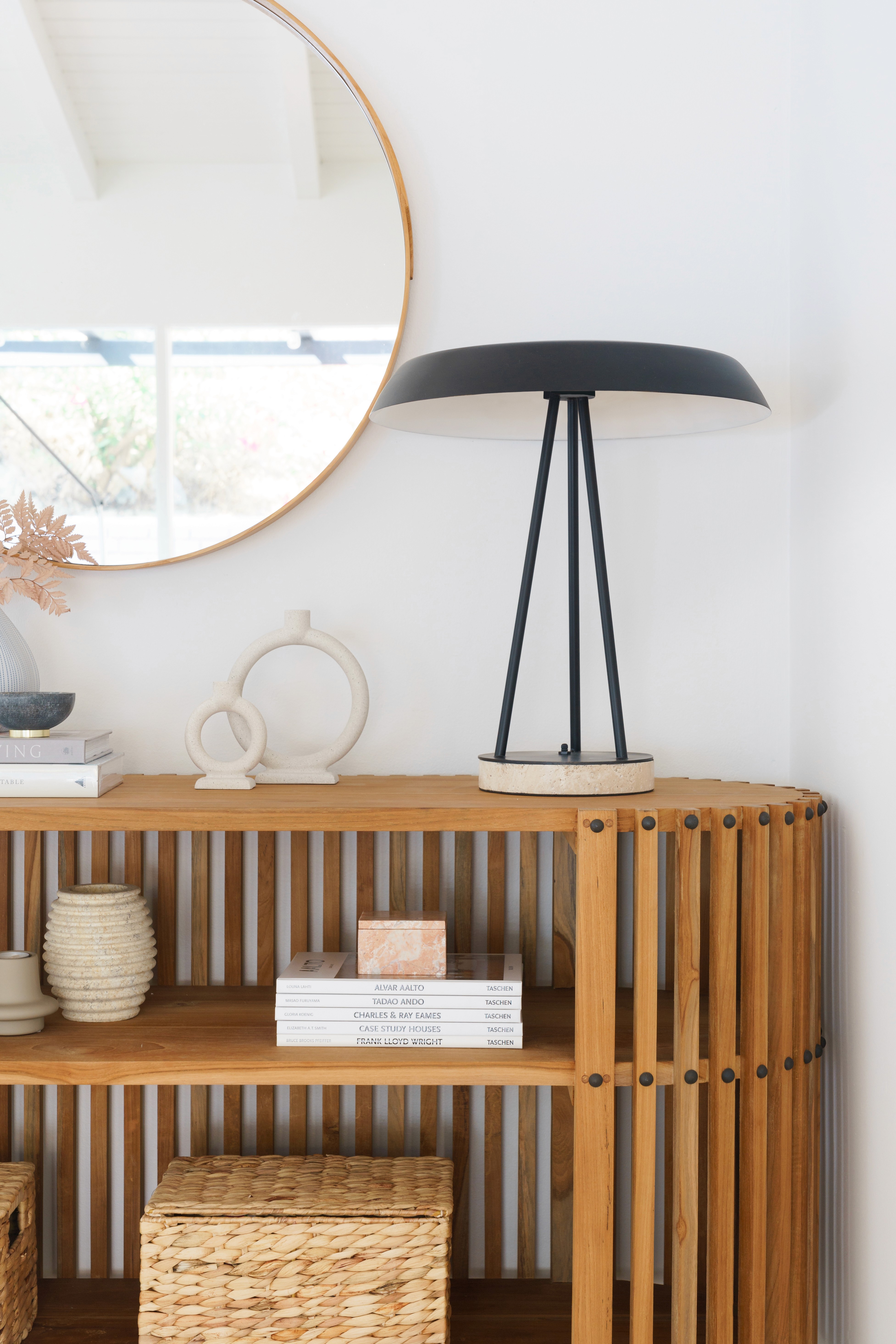 Mid-century entryway table with a blend of classic design and contemporary comfort  by Ventura & Los Angeles interior designer Jubilee Interiors