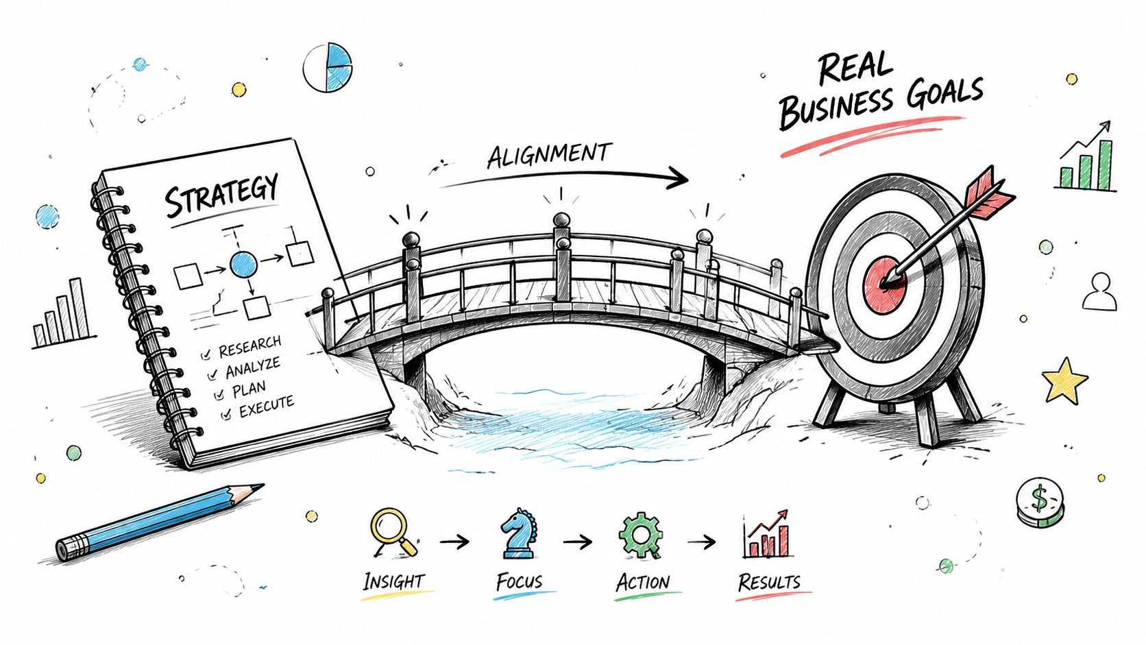 A hand-drawn illustration depicting a strategy notebook connected to a target by a bridge representing alignment.