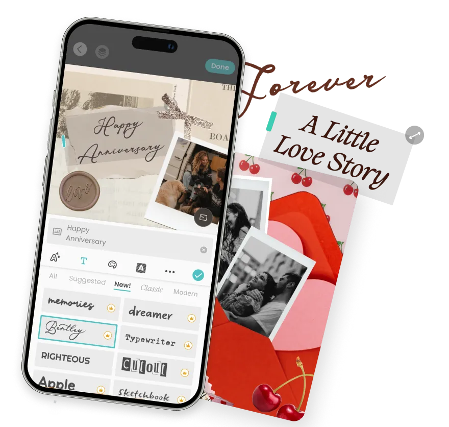 Phone showing a digital scrapbook page with photos, stickers, and 'More days like this, please' text