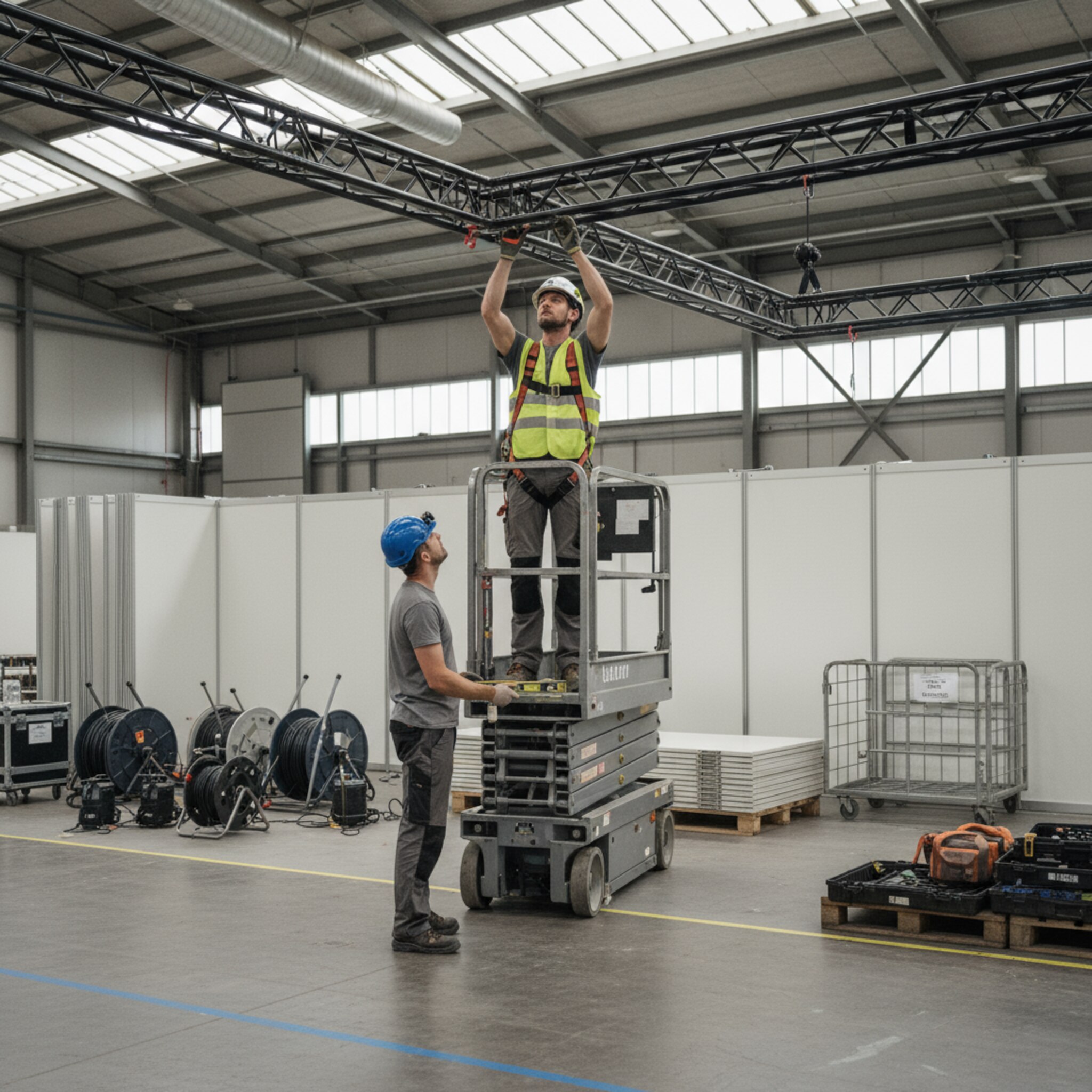 Ein Rigger steht in einer Hebebühne und befestigt eine Traversenstrecke über einem zukünftigen Messestand. Kabelrollen, Scheinwerfer und Sicherheitsgurte sind ordentlich bereitgelegt. Am Boden markieren farbige Linien die Standgrenzen. Ein Kollege prüft mit Helm die Ausrichtung.